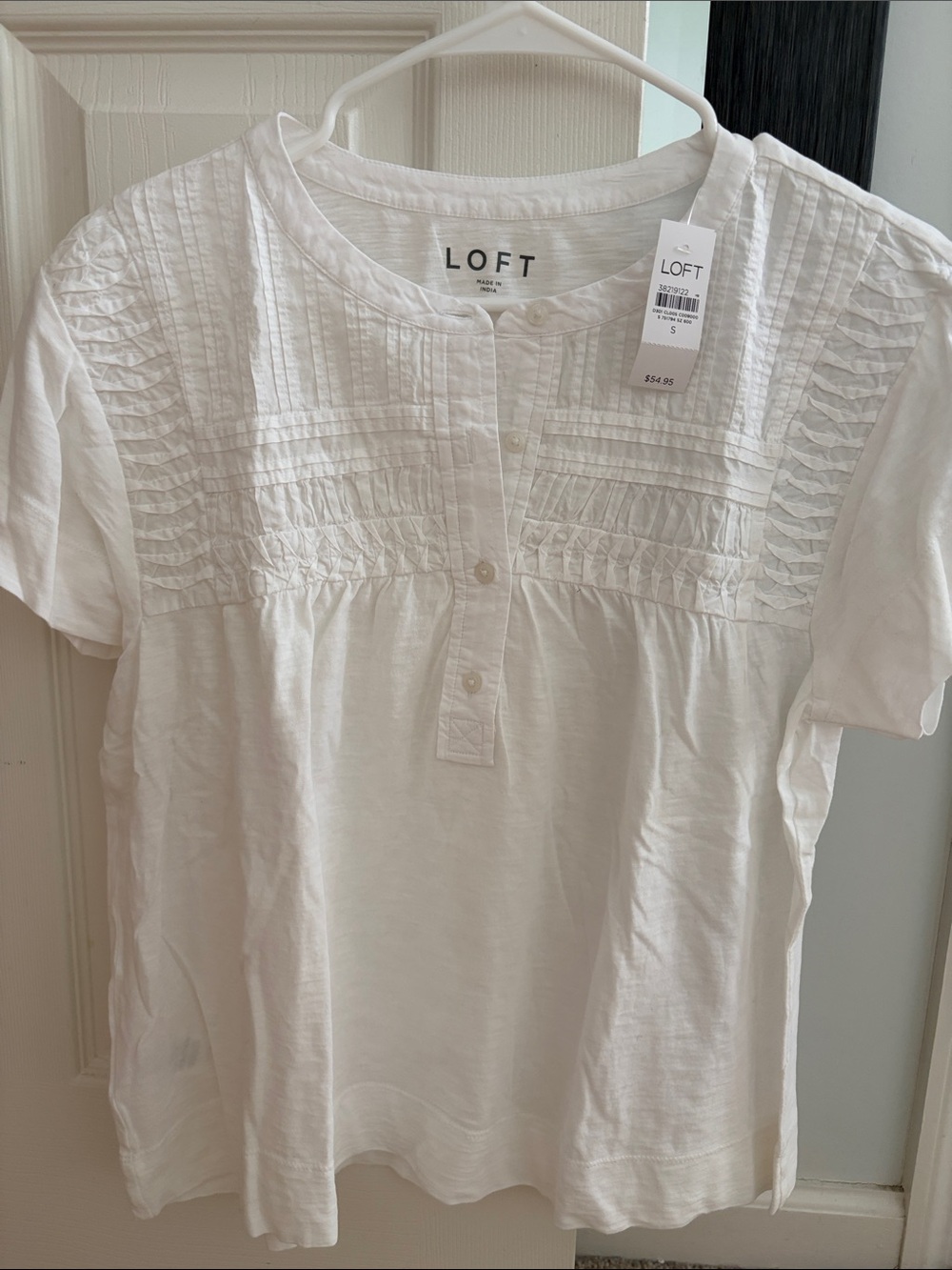 LOFT White Pintuck Henley Short Sleeve Top